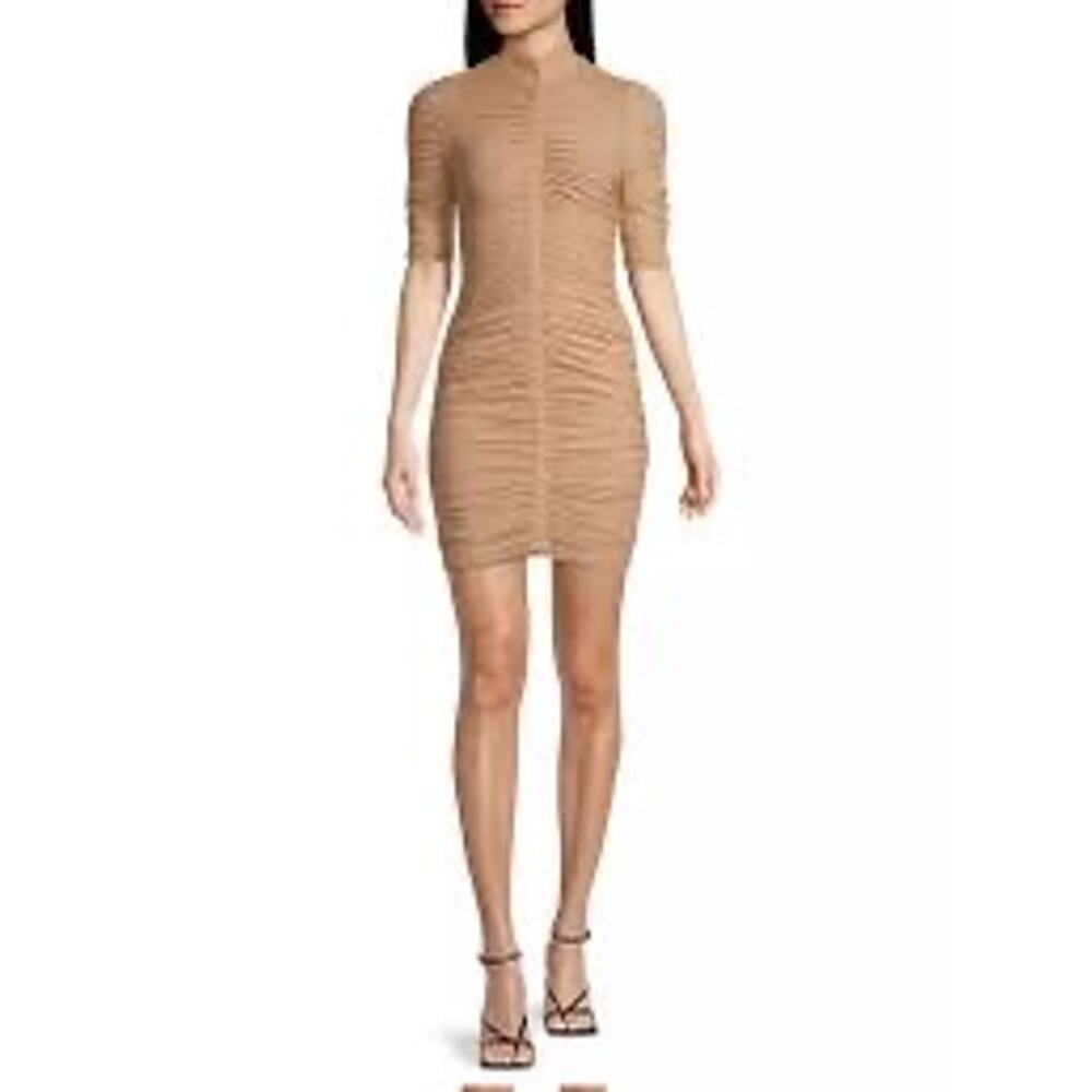 NEW Black Halo Meadow Ruched Mesh Tan Mock Neck Mini Short Sleeve Dress Size 2